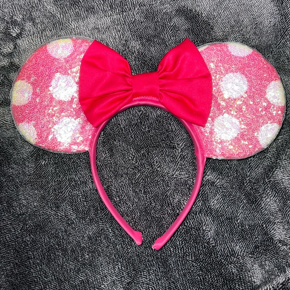 Hot Pink Polka Dot Sequin Minnie Ears with Pink Bow